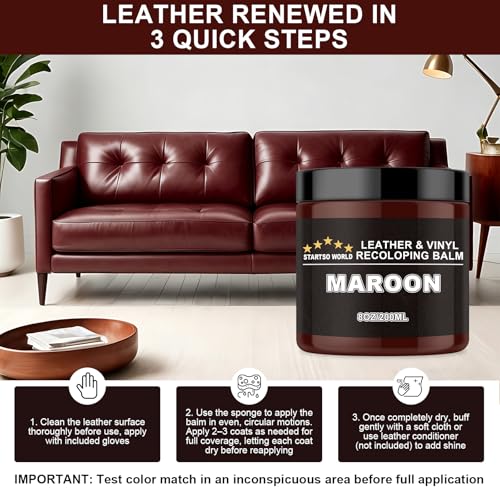 STARTSO WORLD Leather Recoloring Balm, Maroon Leather Repair Kit for Furniture, Leather Dye, Leather Color Restorer for Couches, Leather Couch Paint | Repair, Restore & Renew Old, Faded Leather - color: Maroon, size: Leather Recoloring Balm