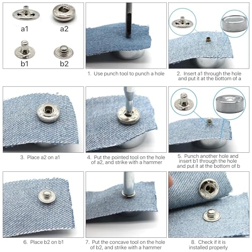 14Pcs Rivet Setter, Leather Die Punch Snap kit, Stainless Steel Rivet Setting Tool for Bag Making DIY Leather Crafts with Non Slip Base
