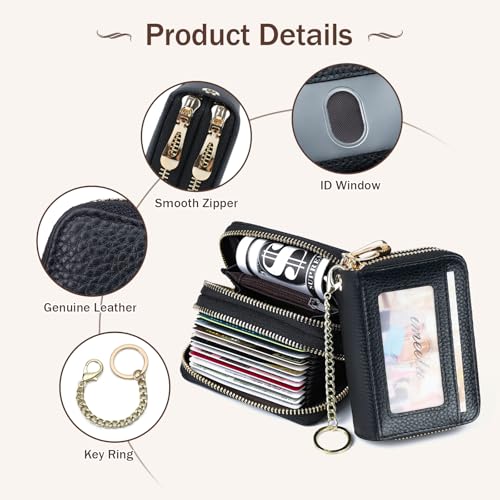 imeetu Rfid Credit Card Holder, Businese Card Case, Wallet for Women Men | Genuine Leather Card Wallet with id Window, Keychain & Double Zipper, Water-resistan Small Wallet with Gift Box, Daily Travel - color: Max - Black