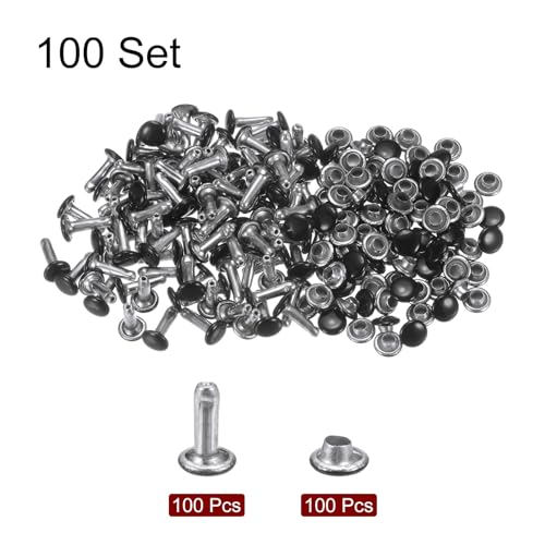 HARFINGTON 100 Sets Leather Rivets 6mm x 10mm Metal Double Cap Rivet Snaps Studs Fasteners with 3pcs Setting Tools Rivets for Leather Craft DIY Repair Decoration, Brilliant Black - color: Brilliant Black, size: 6mm x 10mm
