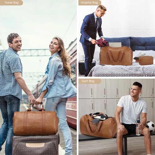 3PCS Faux Leather Weekender Bag for Women Men Travel Bag Overnight Bags | Leather Travel Duffel Bags for Traveling with Shoe Compartment Toiletry Packing Cube Carry On Tote Bag Men Fit 21.5" Laptop - color: Light Brown
