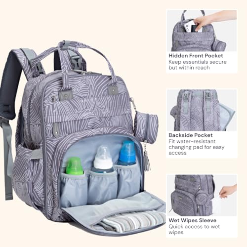 BabbleRoo Diaper Bag Backpack - Baby Essentials Travel Tote - Multi Function Water Resistant Diaper Bag, Travel Essentials Baby Bag with Changing Pad, Stroller Straps & Pacifier Case - Grey Swirls - color: Gray Swirls, size: Large