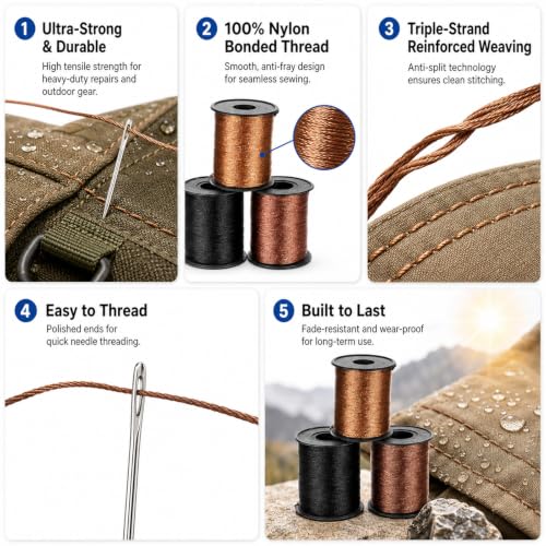 Upholstery Thread Heavy Duty Sewing Thread for Sewing 3 Spools | Durable Bonded Nylon Threads for Sewing Machines, Denim, Leather, DIY and Home (164 Yds/Spool, Black, Brown, Khaki)