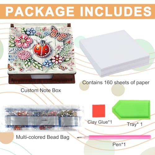 JISHSHAY Ladybird Diamond Painting Note Box Flower Diamond Art Sticky Note Holder Gem Art Notecard Box Gem Painting Mosaic Kits for Adults Embroidery Kit Memo Pad Holder, Contains 160 Sheets of Paper - color: Ladybird 1