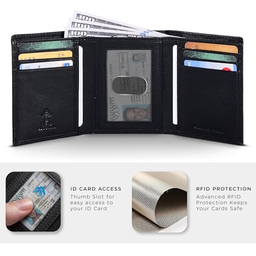 Trifold Leather Wallet for Men - RFID Slim Minimalist Front Pocket 6 Slots - color: Nappa Black