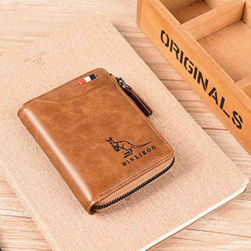 Leather Wallet for Men with zipper, RFID blocking bifold wallets with Separate ID Card window Cartera Para Hombre(khaki) - color: khaki