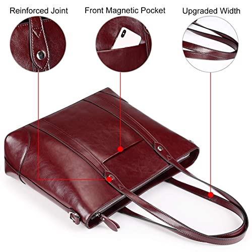 S-ZONE Leather Tote Bag for Women Large Work Shoulder Handbag with Zipper - color: Wine Red