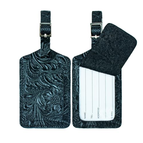 Genuine Leather Luggage Tags & Bag Tags 2 Pieces Set - color: Black Flower