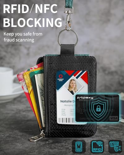 Artpaxy Minimalist Wallet For Mens Womens, Keychain RFID Blocking Zipper Small Wallet with ID Window 2 Lanyards,Water Resistant Travel Cash Card Coin Case Boys Girls - color: Green Black