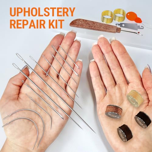 VONEEDL Heavy Duty Sewing Needles (11 PCS) & Waxed Thread (4 Different Brown Colors) - Upholstery Repair Kit for Leather, Canvas, Quilting & More - size: 11 Needles + 2 Black & 2 Grey Thread Rolls
