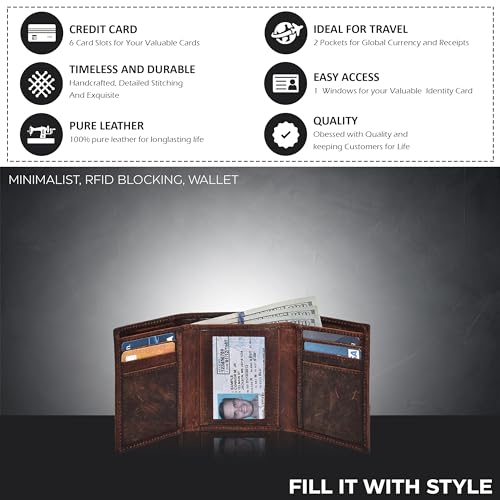 Trifold Leather Wallet for Men - RFID Slim Minimalist Front Pocket 6 Slots - color: Hunter Brown