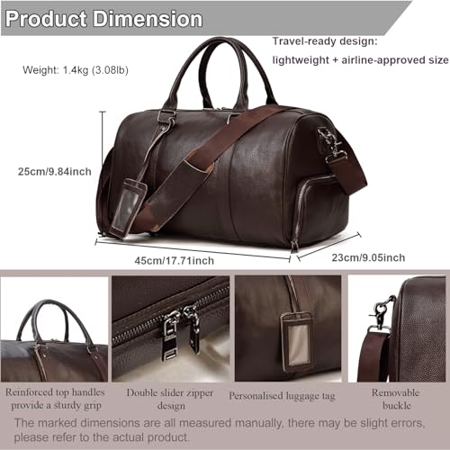 Genuine Leather Duffle Bag, Airline Approved Carry-On Multi Pocket Travel Bag for Clothes Laptop Sportswear, for Overnight Business Trip Gym Daily Use, Brown - color: Y94&22 45cm-BROWN