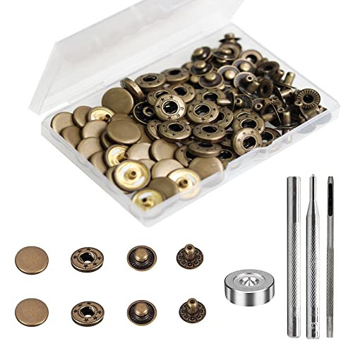 BetterJonny 24 Sets Heavy Duty Leather Snap Fasteners Kit, 15mm Metal Snap Buttons Press Studs Leather Rivets Snaps with 4 Setter Tools for Clothes Bracelet Jackets Jeans Antique Brass - color: Antique Brass, size: 15mm