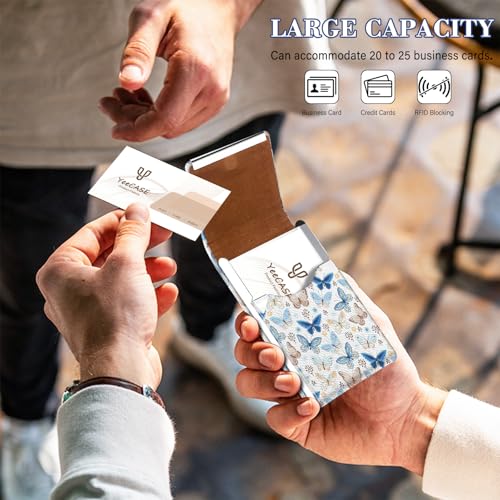 2Pack Leather Stainless Steel Business Card Holder, Metal Slim Business Card Case for Women or Men, Pocket Business Card Carrier with Prints, Magnetic Closure, RFID Blocking - color: Print-Butterfly