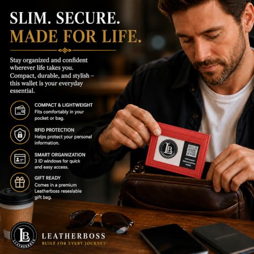 LB LEATHERBOSS Slim Thin Leather Credit Card Triple ID Window Mini Wallet Bifold Driver License Safe (Red) - color: Red