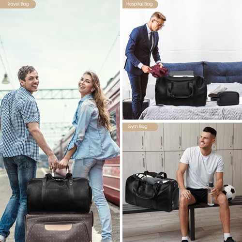 3PCS Faux Leather Weekender Bag for Women Men Travel Bag Overnight Bags | Leather Travel Duffel Bags for Traveling with Shoe Compartment Toiletry Packing Cube Carry On Tote Bag Men Fit 21.5" Laptop - color: Black