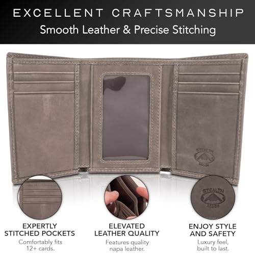 Stealth Mode Trifold Leather Wallet for Men with RFID Blocking (Grey) | Top Grain Napa Leather, 9 Card Slots, ID Window, Gift Box – Gift for Dad, Husband, or Son - color: Grey