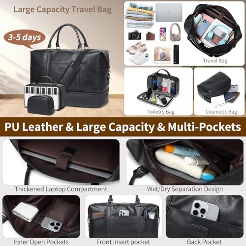 Faux Leather Weekender Bags for Women: Large Overnight Bags Travel Duffel Bag Carry On Shoulder Weekend Tote with Shoe & Laptop Compartment & Toiletry Bags for Airplane Traveling Gym - color: PU-Black