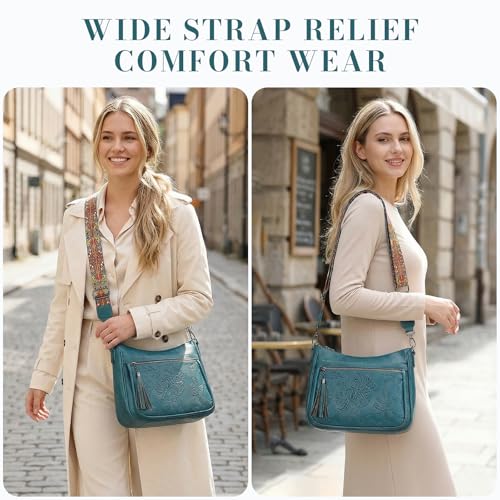 Crossbody Bags for Women, Medium Vegan Leather Purses | Large Capacity Multi-Pocket Embossed Shoulder Bag with Boho Strap for Daily Travel - color: Peacock Blue