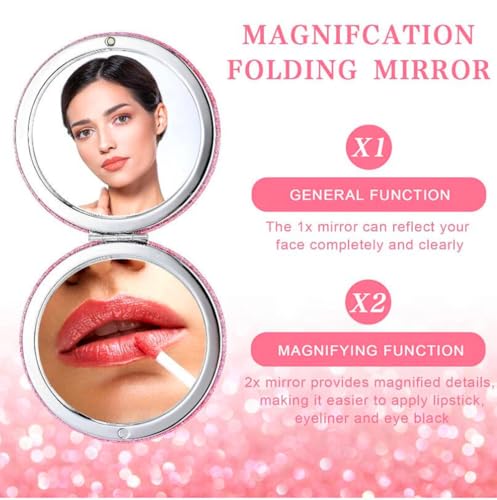 Cute Pink Compact Mirror for Women,Small Magnifying Travel Mirror with Glitter,Portable 2 x 1x Magnification Folding Pocket Makeup Mirror Cosmetic Mirror for Gift Travel Essentials - color: Pink-round