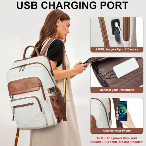 Leather Laptop Backpack for Women Fits 17" Laptop, with RFID Wristlet Purse - color: Beige