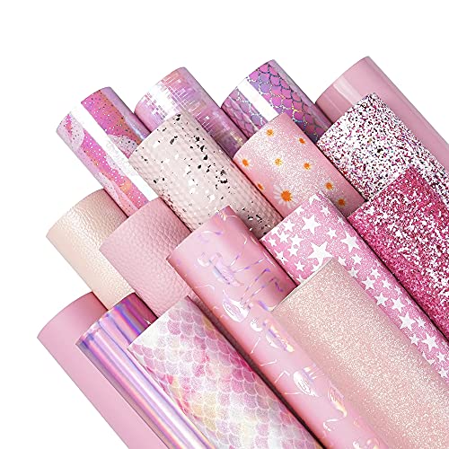 16 Pieces 8x6 Inch Pink and Baby Pink Series Faux Leather Fabric Sheets Include Metallic Litchi Fine Chunky Glitter Holographic Flamingo Patent Embossing Mermaid Scale for Leather Earring Bows Making - color: Pink Baby Pink Series