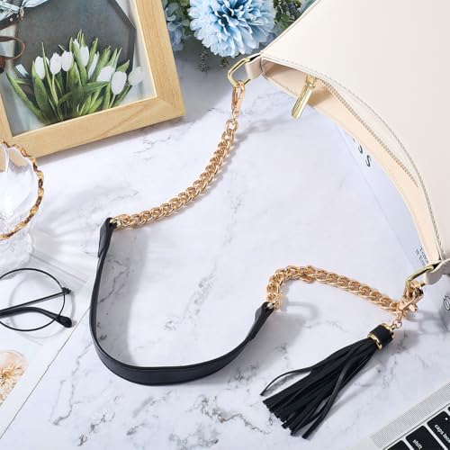 PU Leather Purse Chain Strap with Tassel Pendant 24 Inch Microfiber Leather Bag Chain Replacement Flat Handbag Handle for Women Shoulder Crossbody Bag Handbag DIY Crafts(Black Gold) - color: Black;gold