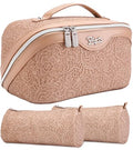 BOYATU Travel Makeup Bags Cosmetic Organizer Bag: 3-Set Large Capacity Make up Bag - PU Leather Toiletry Bags for Women - Wide Open Portable Pouch with Divider & Handle (A-Tan) - color: A-Tan