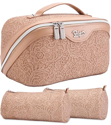 BOYATU Travel Makeup Bags Cosmetic Organizer Bag: 3-Set Large Capacity Make up Bag - PU Leather Toiletry Bags for Women - Wide Open Portable Pouch with Divider & Handle (A-Tan) - color: A-Tan