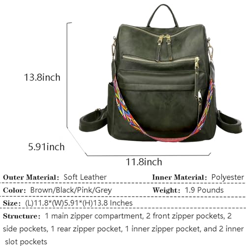 Women's Fashion Backpack Purse for Women Leather Multipurpose Design Ladies Shoulder Bag Travel bag Satchel Handbags - color: Blackish Green