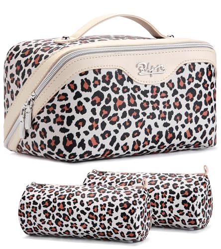 BOYATU Travel Makeup Bags Cosmetic Organizer Bag: 3 Pcs Set Large Capacity Make up Bag with Compartments - Waterproof Leather Toiletry Bags with Handle for Women (B-White) - color: B-White