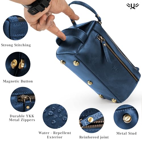 Premium Handmade Leather Toiletry Bags for Men and Women, Genuine Leather Dopp Kit and Shaving Bag for Men, Travel Cosmetic Bag for Women's and Men's, Zipper Pocket, Navy - color: Navy Blue (Large)