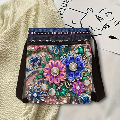 DDGYP 5D Diamond Art Bags, Diamond Art Kits for Adults,8.5x8.7x0.39inch | DIY Diamond Painting Bags for Women,PU Leather Crossbody Bag with Zipper & Adjustable Strap, Flower Pattern - color: Blue