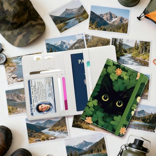 PU Leather Passport Holder Cover 5.9×4.3 Inch with Credit Card Slot Boarding Pass Slot Combo Blocking Passport Holder Wallet Cover Case for Travel Boarding Essentials(Clover Cat) - color: Clover Cat