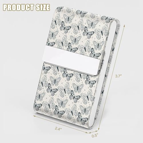 2Pack Leather Stainless Steel Business Card Holder, Metal Slim Business Card Case for Women or Men, Pocket Business Card Carrier with Prints, Magnetic Closure, RFID Blocking - color: Sketch-Butterfly
