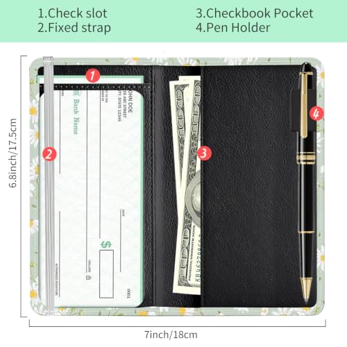Checkbook Cover for Personal Checkbook, Cute Pu Leather Check Book for Women & Men, Slim Checkbook Holder with Pen Holder and Built-in Clear Plastic Divider, Green Daisy - color: Green Daisy