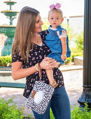 Bumco Portable Diaper Clutch Bag with Built-In Baby Wipes Dispenser | Airtight refillable wet wipes dispenser container. Portable travel wristlet pouch strap for quick cleanups on the go. - color: Snow Leopard
