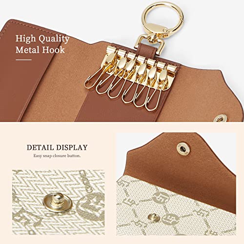 GOLF SUPAGS Women PVC Leather Car Key Chain Card Holder Wallet Pouch 6 Hook Snap Closure keys Money Organizer Case | Card Holder - color: Brown×White, style-2