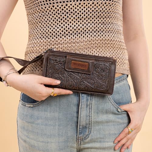 X Wrangler Western Wallet for Women Card Cases & Money Organizers Wristlet Wallet with Zipper Pocket - color: Coffee
