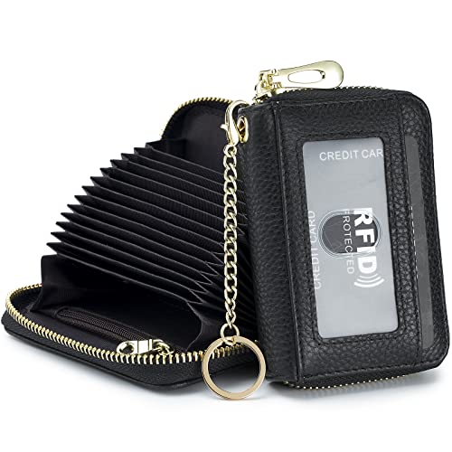 imeetu Rfid Credit Card Holder, Businese Card Case, Wallet for Women Men | Genuine Leather Card Wallet with id Window, Keychain & Double Zipper, Water-resistan Small Wallet with Gift Box, Daily Travel - color: Pro - Black