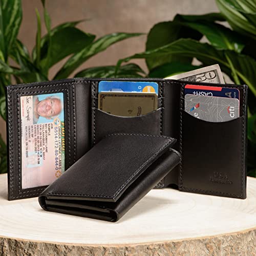 Bullhide Belts Full Grain Bridle Leather Trifold Wallet Black | ID window, Made in USA - color: Black