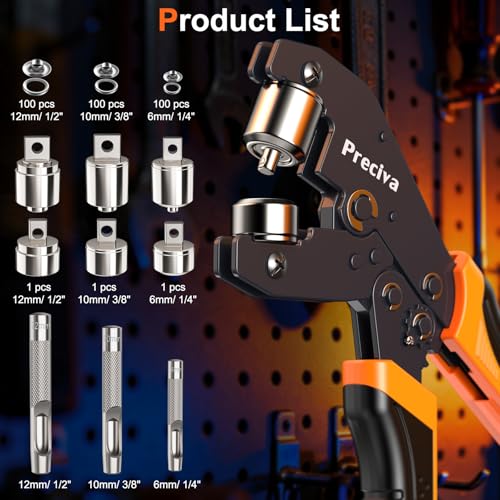 Preciva 3-Size Grommet Tool Kit - 1/2" 1/4" 3/8" Hole Punch & Eyelet Setting Tool with 300Pcs Grommets | Handheld Eyelet Plier for Tarps, Tents, Canvas, Vinyl & Leather Crafting