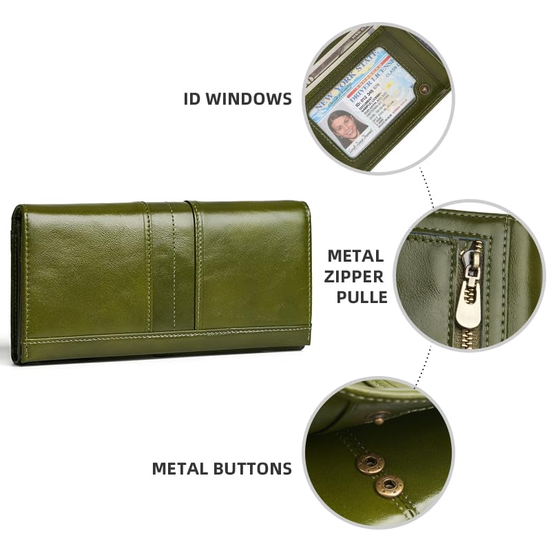 RFID Blocking Wallets for Women Leather Long Ladies Wallet Bifold Womens Wallet with Coin Pocket ID Window,Green - color: Green