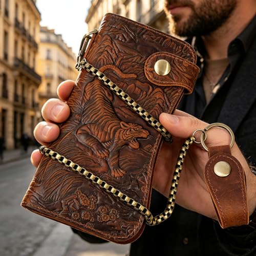 Motorcycle Chain Wallet for Men Tri-fold Long Biker Wallet with Heavy Duty Chain for Bikers Truckers Hunters - color: 10-Brown with Tiger