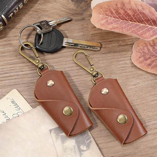 2PCS PU Leather Key Wrap Cover for Motorcycle Portable Protective Keyring Pouch - color: Brown