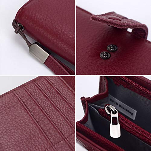 Bveyzi Women's Big Fat Rfid Leather Wristlet Wallet Organizer Large Phone Checkbook Holder with Zipper Pocket (Wine Red) - color: Wine Red