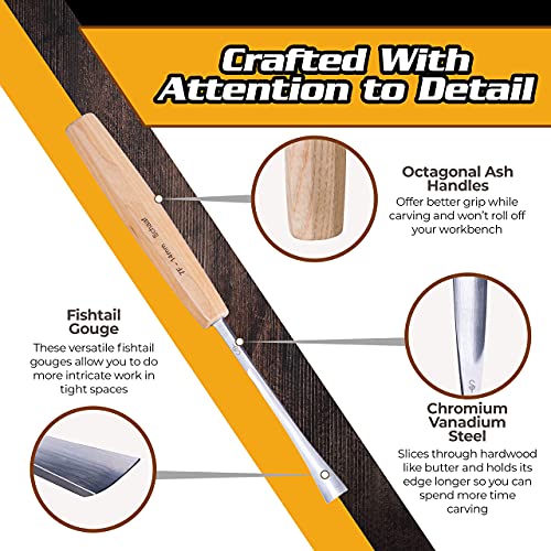 4-pc Wood Chisel Set, Fishtail Gouges, Cr-V 60 | Detail carving chisels for sculpture and relief carving, ergonomic handles, canvas tool roll, beginner tutorials included - color: 4 Piece Fishtail Set