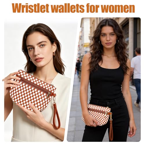 Woven Wristlet Bag for Women Checkered Crescent Pouch Wallet Small Purse - color: Brown