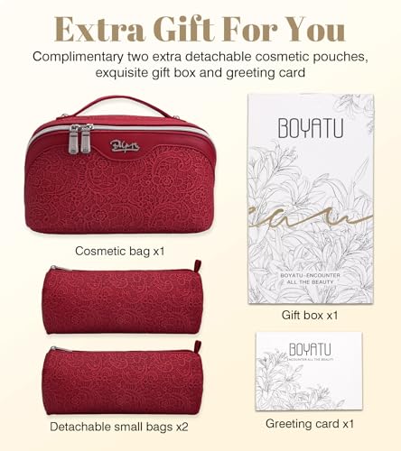 BOYATU Travel Makeup Bags Cosmetic Organizer Bag: 3 Pcs Set Large Capacity Make up Bag with Compartments - Waterproof Leather Toiletry Bags with Handle for Women (A-Red) - color: A-Red