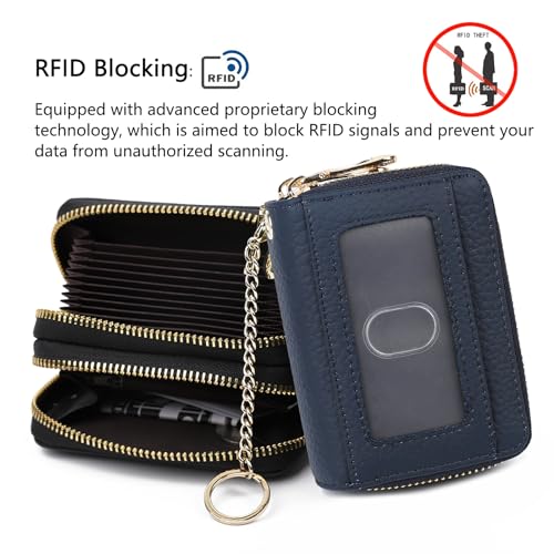 imeetu Rfid Credit Card Holder, Businese Card Case, Wallet for Women Men | Genuine Leather Card Wallet with id Window, Keychain & Double Zipper, Water-resistan Small Wallet with Gift Box, Daily Travel - color: Max - Dark Blue